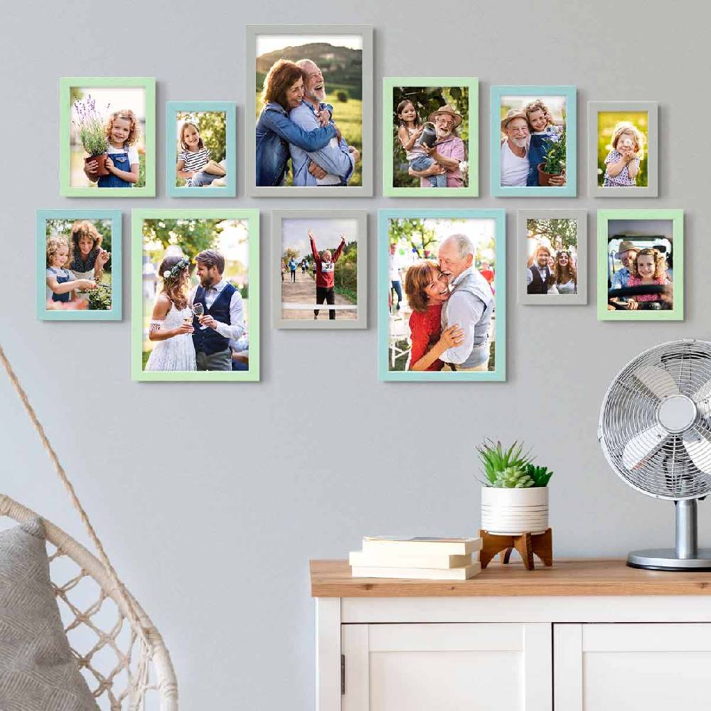 Photolini 12er Set Bilderrahmen Grün Blau Grau Massivholz 10x15 bis 21x30 cm | Acrylglas Online