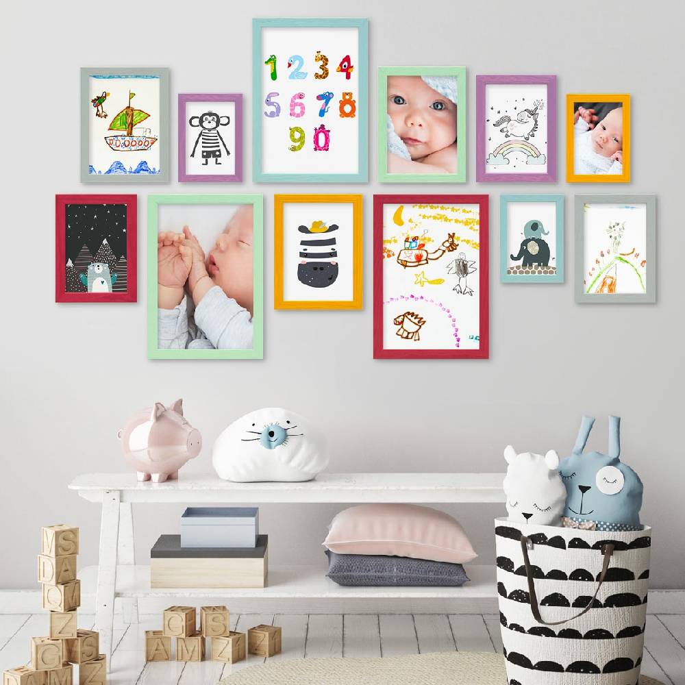 Photolini 12er Set Bilderrahmen Bunt Massivholz 10x15 bis 21x30 cm | Acrylglas Rabatt