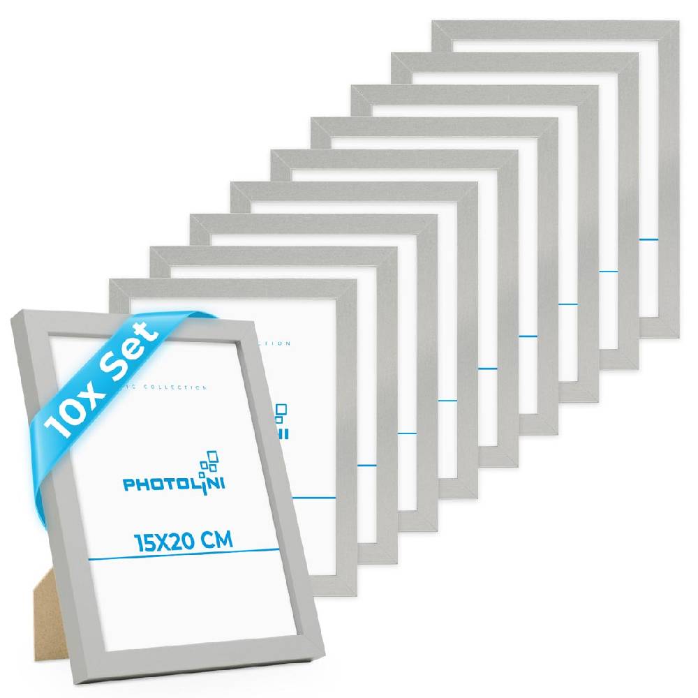 Photolini 10er Bilderrahmen-Set 15x20 cm Modern Silber aus MDF mit Acrylglas
