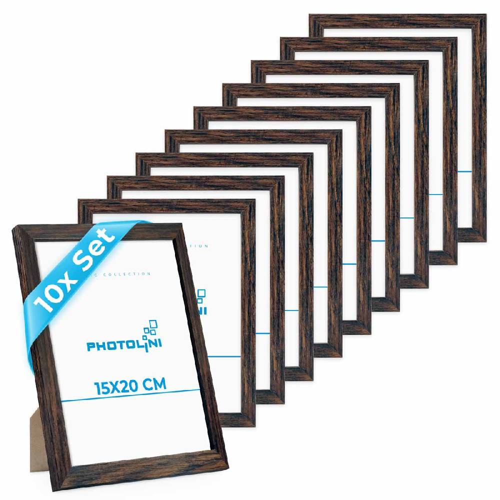 Photolini 10er Bilderrahmen-Set 15x20 cm Eiche Dunkel aus MDF mit Acrylglas