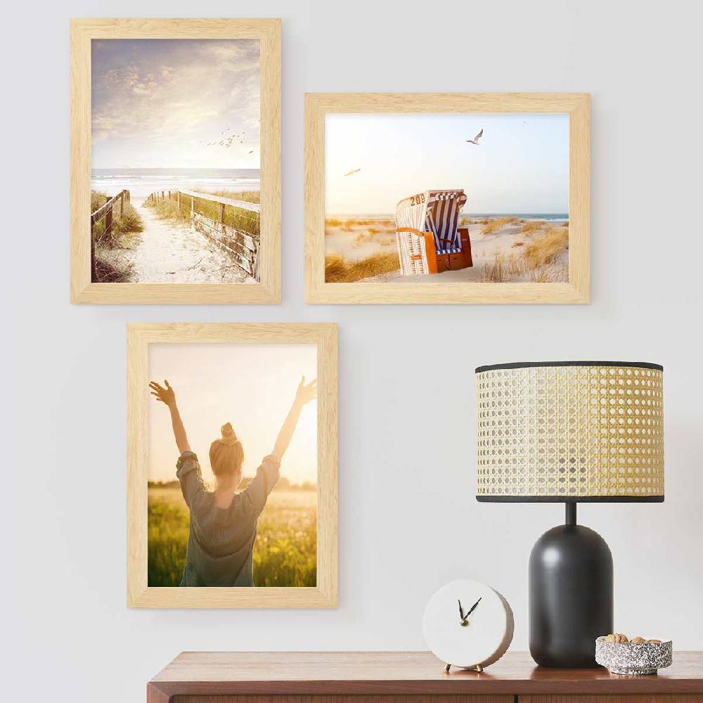 Photolini 10er Bilderrahmen-Set breit A4 21x30 cm Natur, MDF-Holz | Acrylglas Lagerräumung