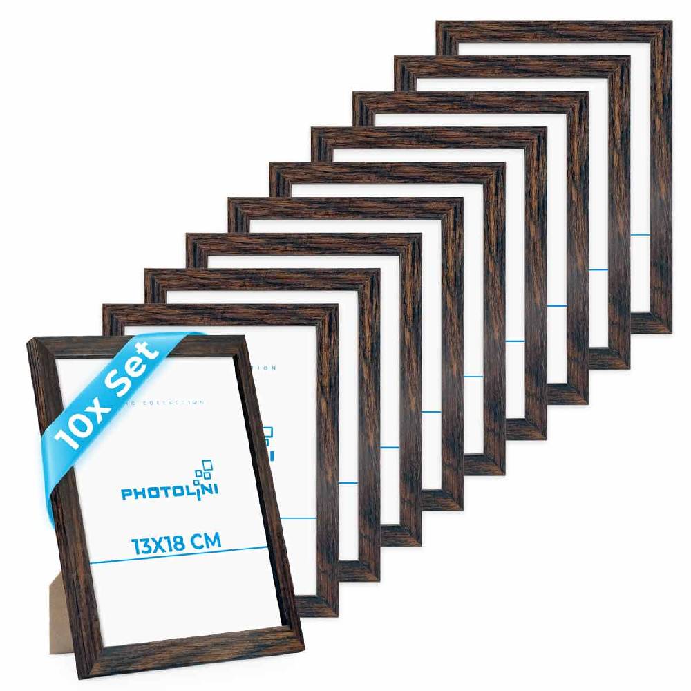 Photolini 10er Bilderrahmen-Set 13x18 cm Eiche Dunkel aus MDF mit Acrylglas