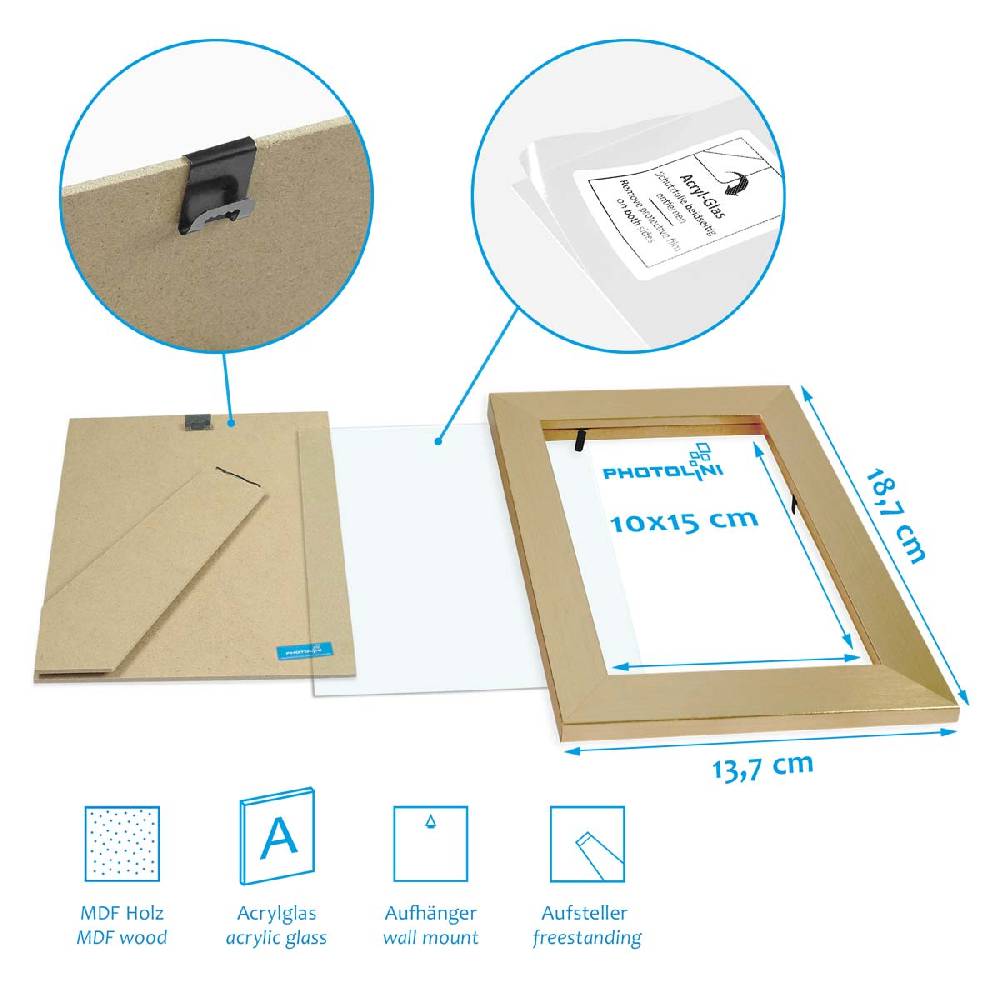 Photolini 10er Bilderrahmen-Set 10x15 cm Modern Gold MDF Basic Collection | Acrylglas Online Outlet