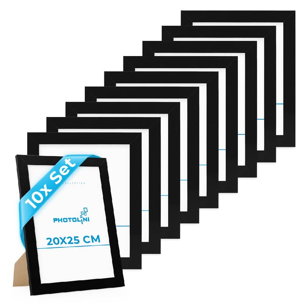 Photolini 10er Bilderrahmen-Set breit 20x25 cm Schwarz, MDF-Holz | Acrylglas