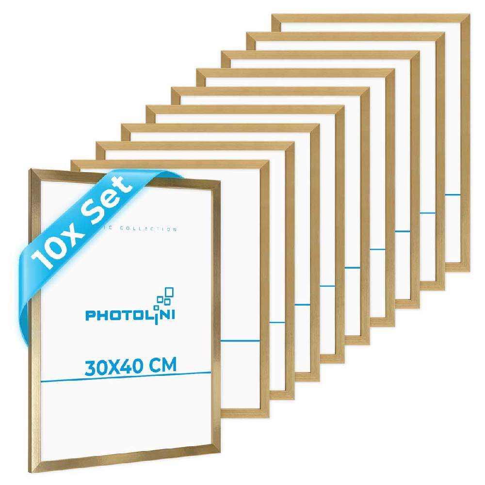 Photolini 10er Set Poster-Bilderrahmen 30x40 cm Modern Gold aus MDF mit Acrylglas
