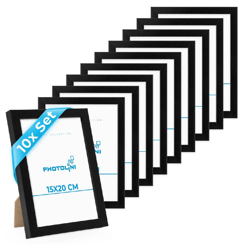 Photolini 10er Bilderrahmen-Set 15x20 cm Modern Schwarz aus MDF mit Acrylglas
