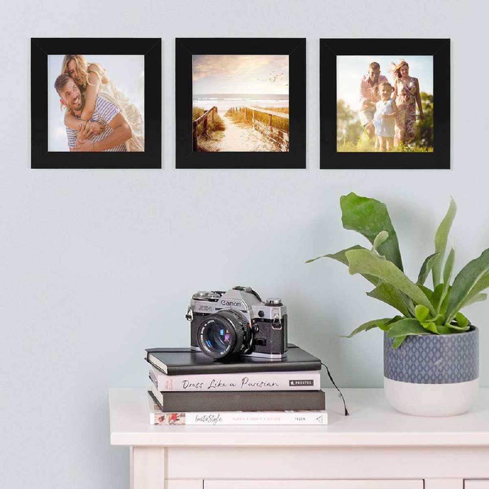 Photolini 10er Bilderrahmen-Set breit 15x15 cm Schwarz, MDF-Holz | Acrylglas Kauf eins, bekomm eins gratis