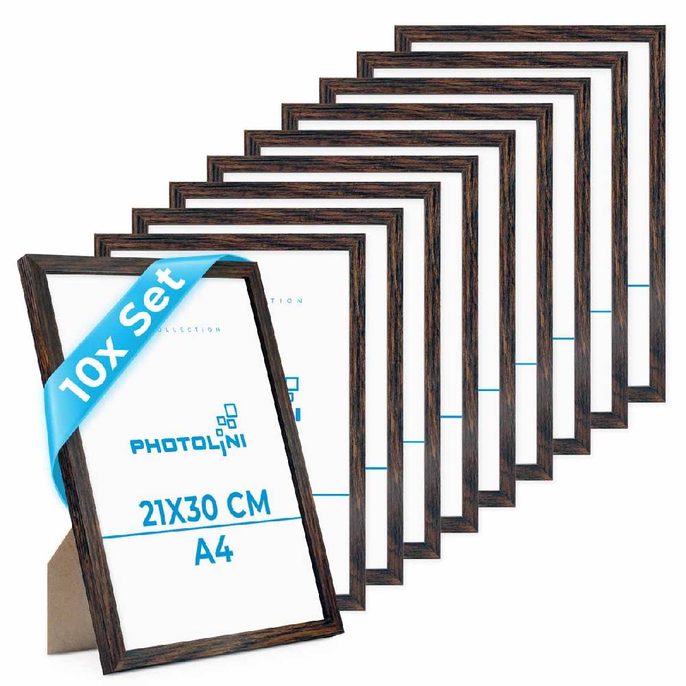 Photolini 10er Bilderrahmen-Set 21x30 cm DIN A4 Modern Eiche Dunkel aus MDF mit Acrylglas