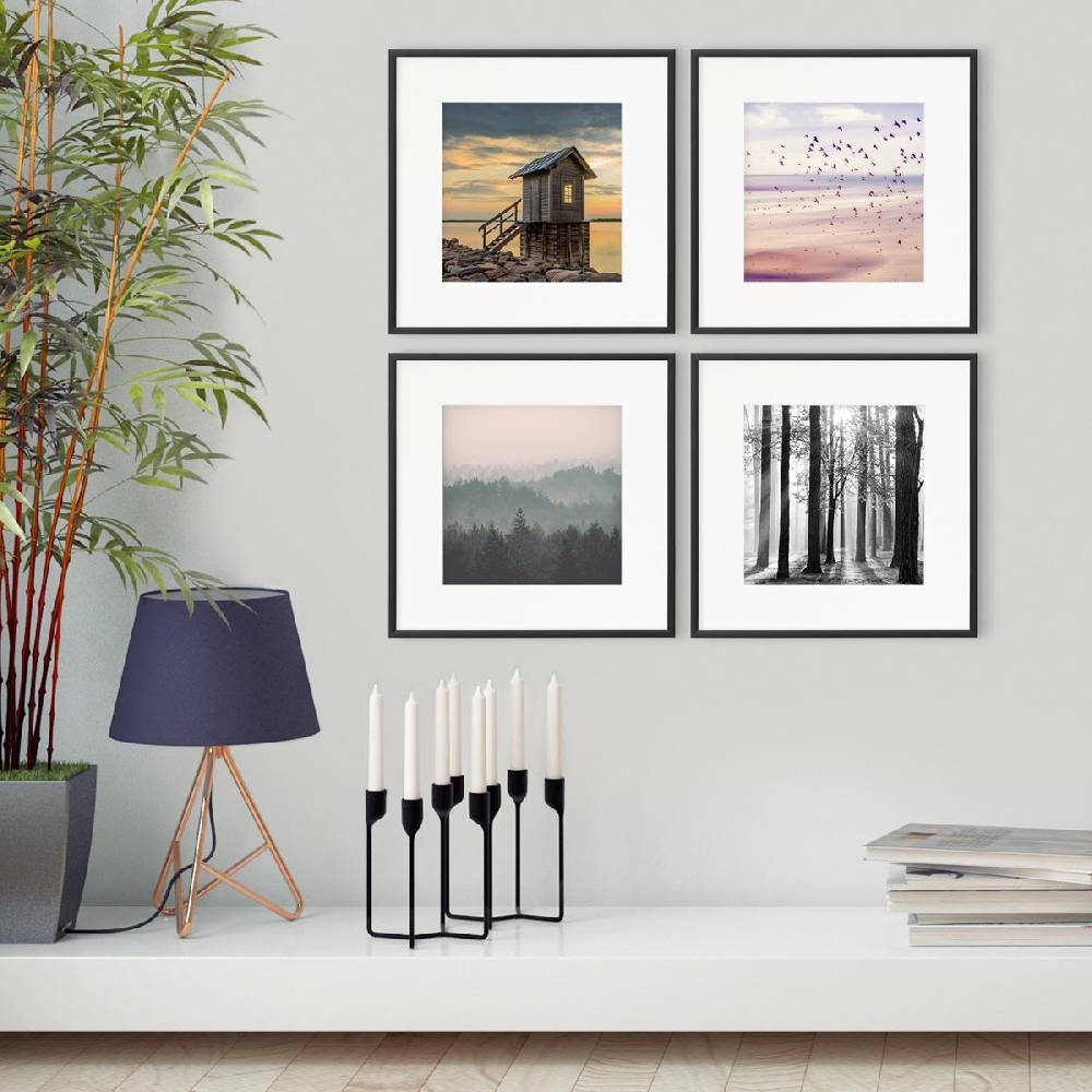 Photolini 4er Set Alu-Bilderrahmen 30x30 cm Schwarz Modern mit Passepartout 20x20 cm