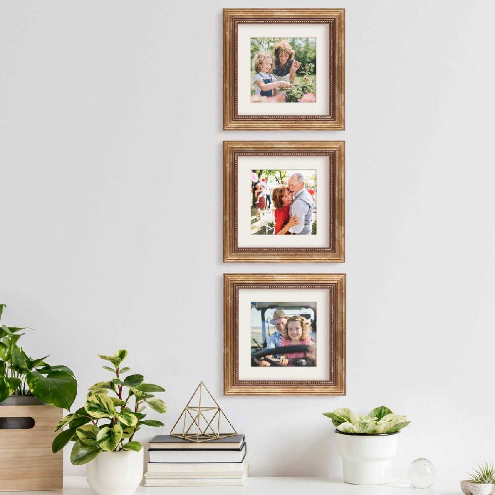 Photolini 3er Bilderrahmen-Set Gold Barock Antik 20x20 cm mit Passepartout zollfrei