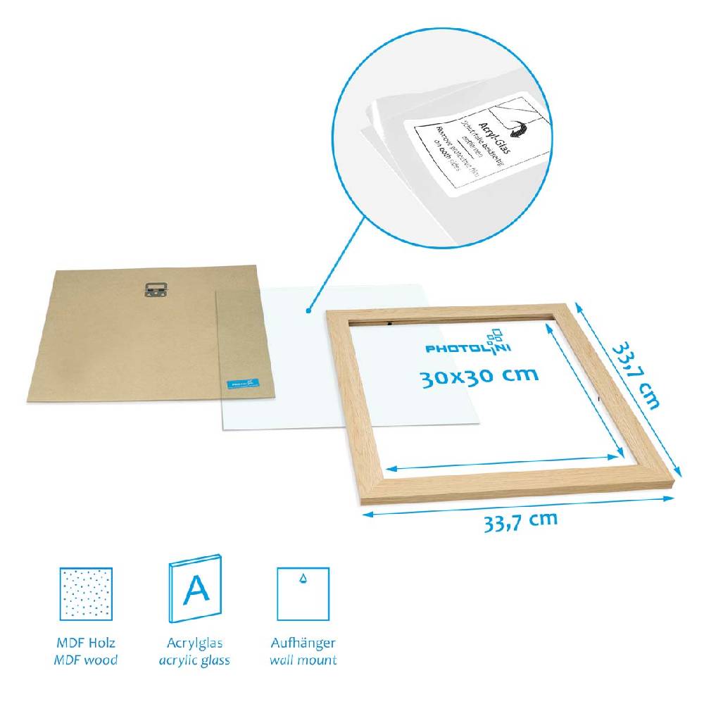 Photolini 3er Bilderrahmen-Set 30x30 cm Natur breit modern MDF-Holz mit Acrylglas Kostenloser Versand