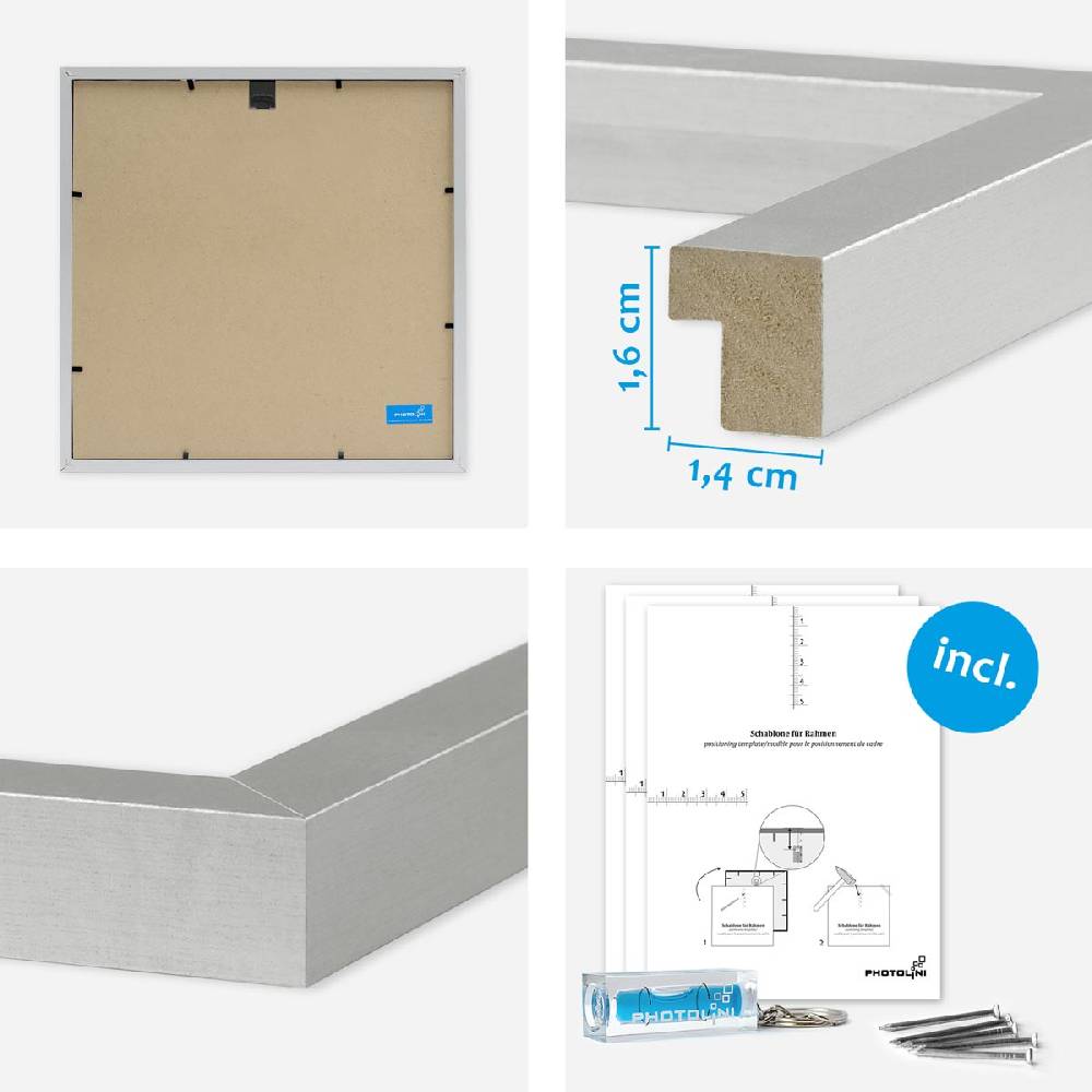Photolini 4er Set Poster-Bilderrahmen 30x30 cm Modern Silber MDF mit Passepartout Rabatt