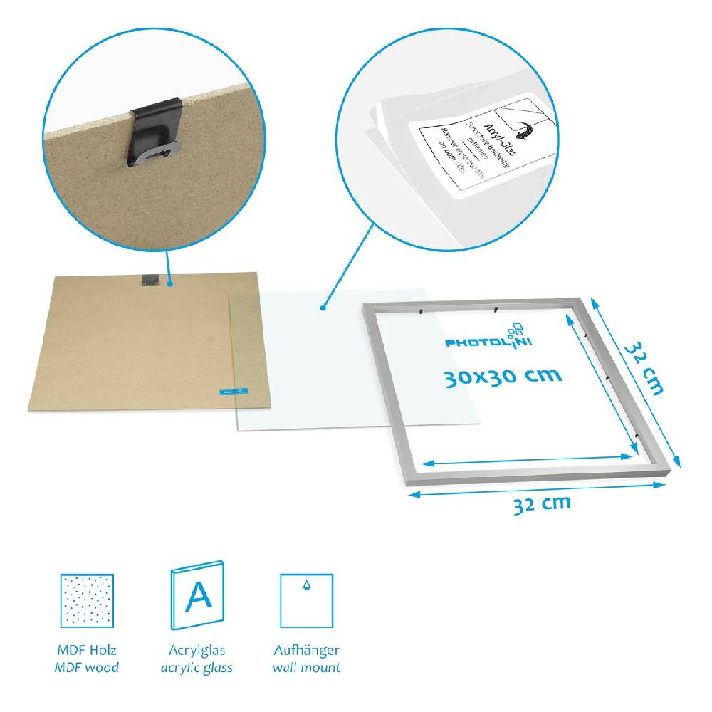 Photolini 4er Set Poster-Bilderrahmen 30x30 cm Modern Silber MDF mit Passepartout Rabatt