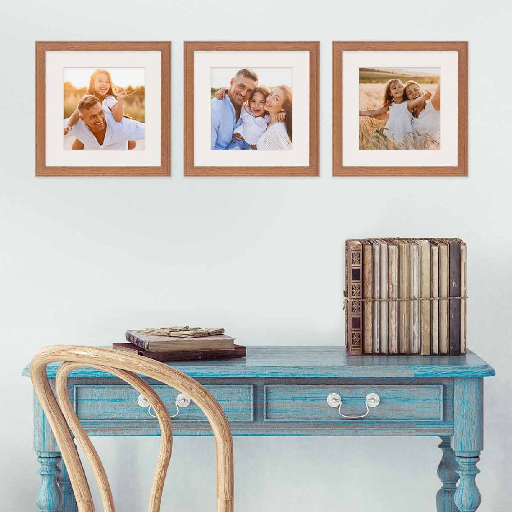 Photolini 3er Set Bilderrahmen quadratisch 20x20 cm Landhaus Eiche Massivholz mit Passepartout Versandkostenfrei