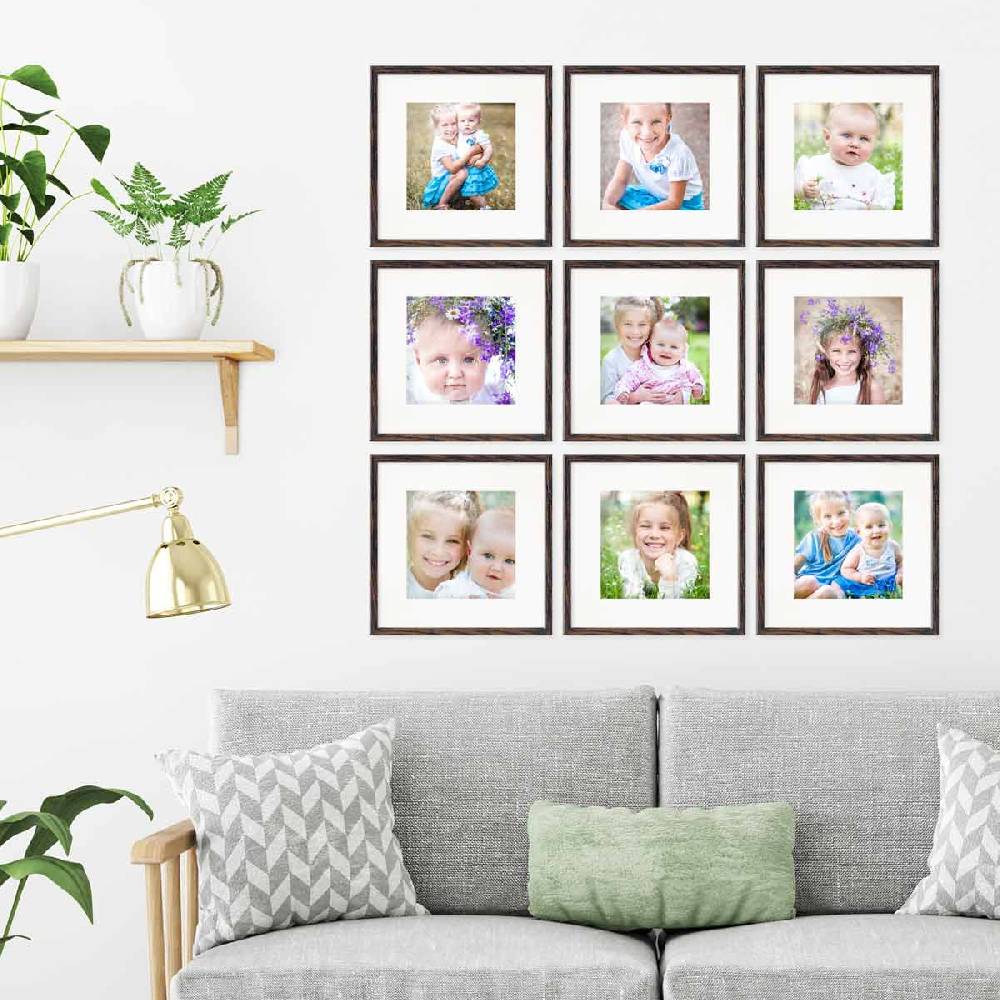 Photolini 9er Set Poster-Bilderrahmen 30x30 cm Eiche Dunkel MDF mit Passepartout Exklusivangebot