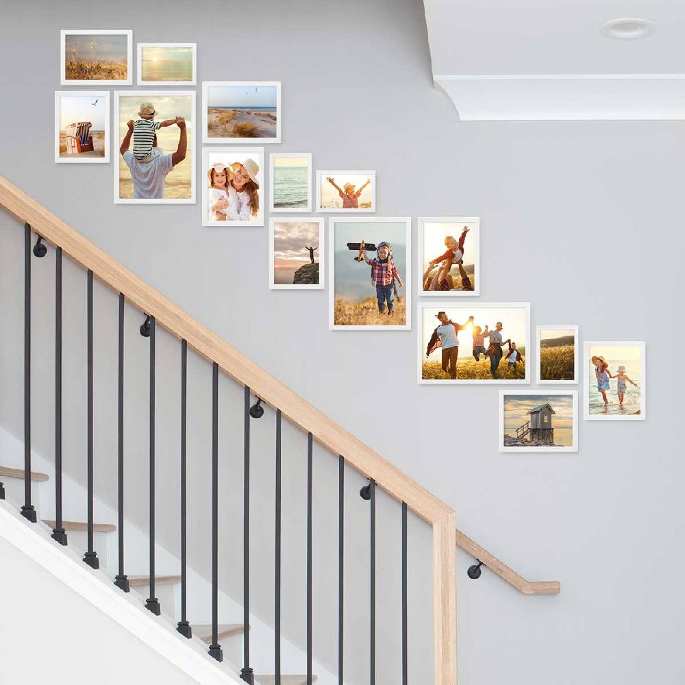 Photolini 15er Bilderrahmen-Set Weiß aus Massivholz Schmal Treppenhaus 10x15 bis 21x30 cm mit Acrylglasscheibe Exklusive Angebote