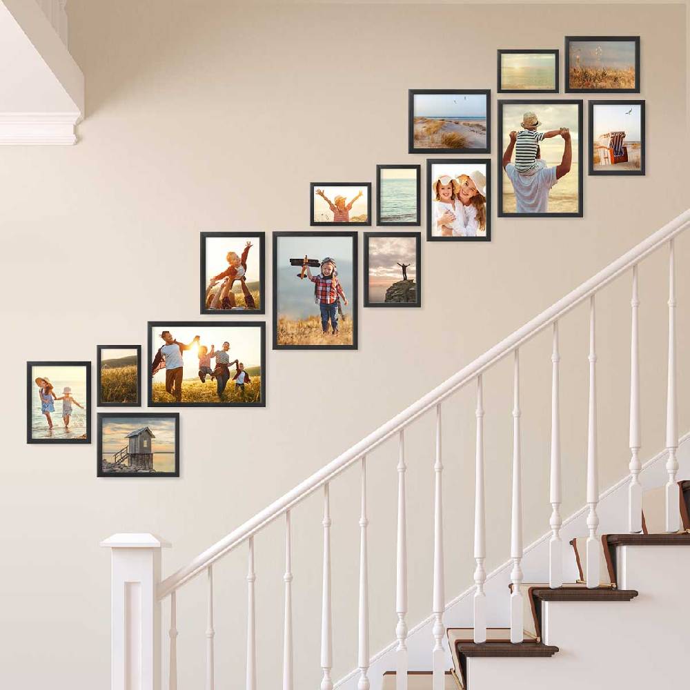 Photolini 15er Bilderrahmen-Set Schwarz aus Massivholz Schmal Treppenhaus 10x15 bis 21x30 cm mit Acrylglasscheibe Große Rabatte