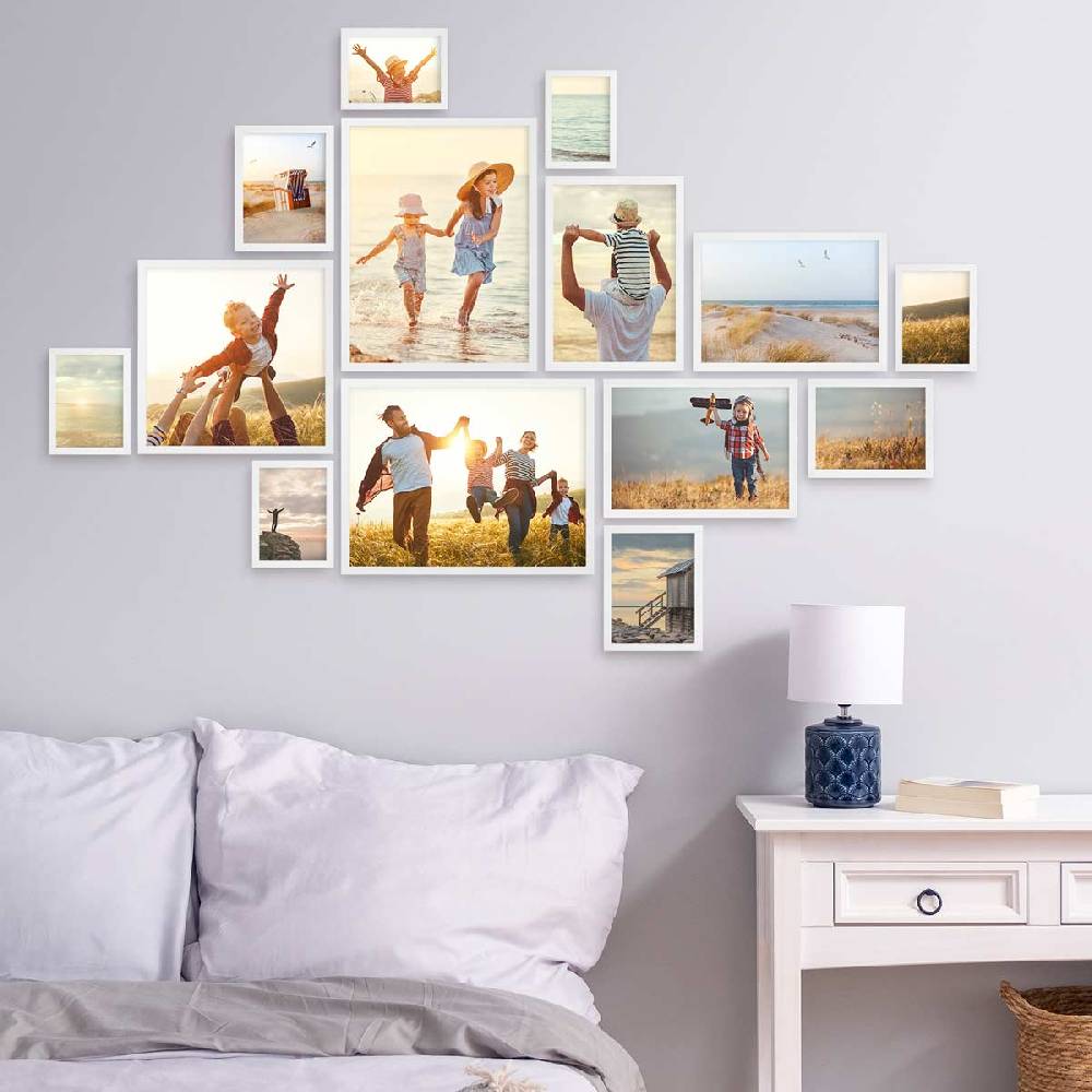 Photolini 14er Bilderrahmen-Set Weiß Massivholz Schmal 10x15 bis 30x40 cm mit Acrylglasscheibe Neuheiten