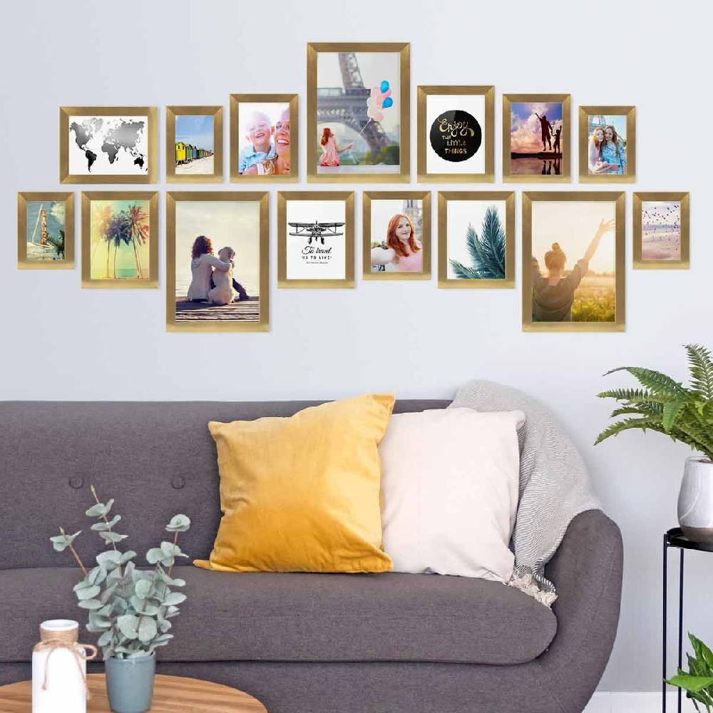 Photolini 15er Bilderrahmen-Set Gold breit modern MDF-Holz mit Acrylglas