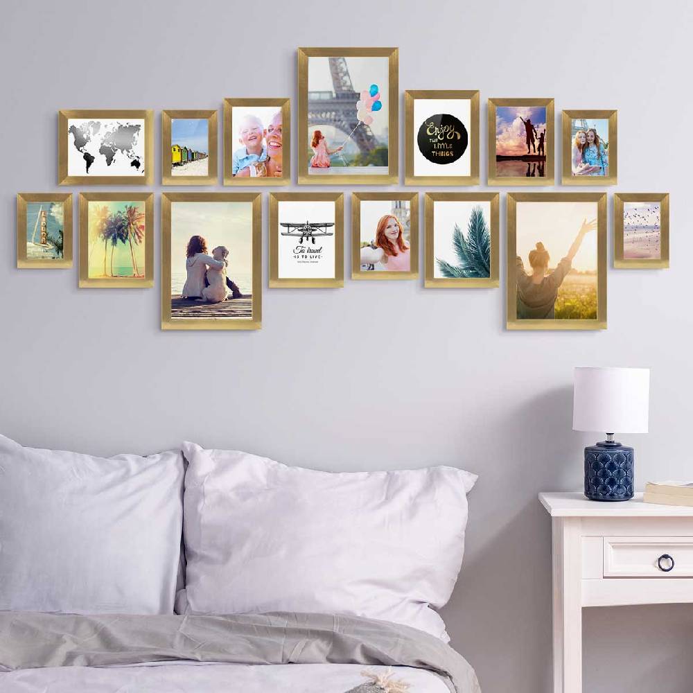 Photolini 15er Bilderrahmen-Set Gold breit modern MDF-Holz mit Acrylglas Bestseller