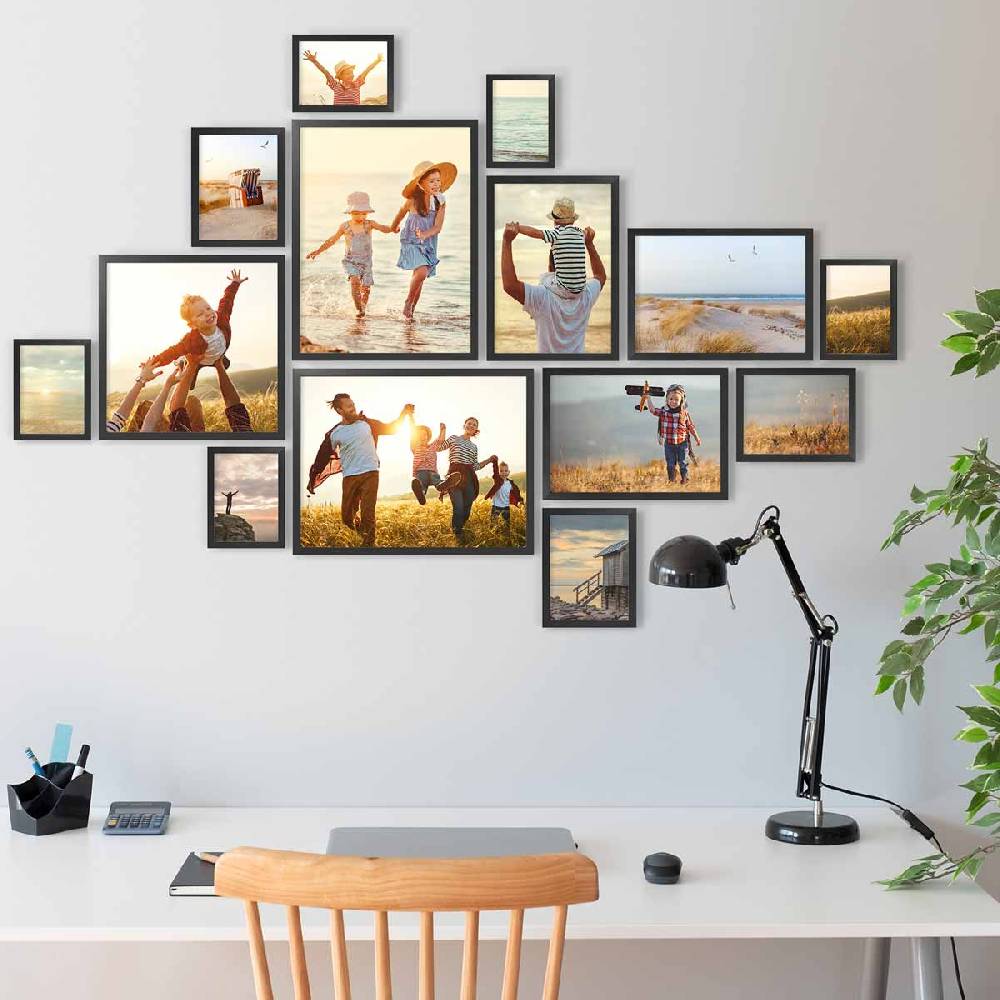 Photolini 14er Bilderrahmen-Set Schwarz Massivholz Schmal 10x15 bis 30x40 cm mit Acrylglasscheibe Riesige Ersparnisse