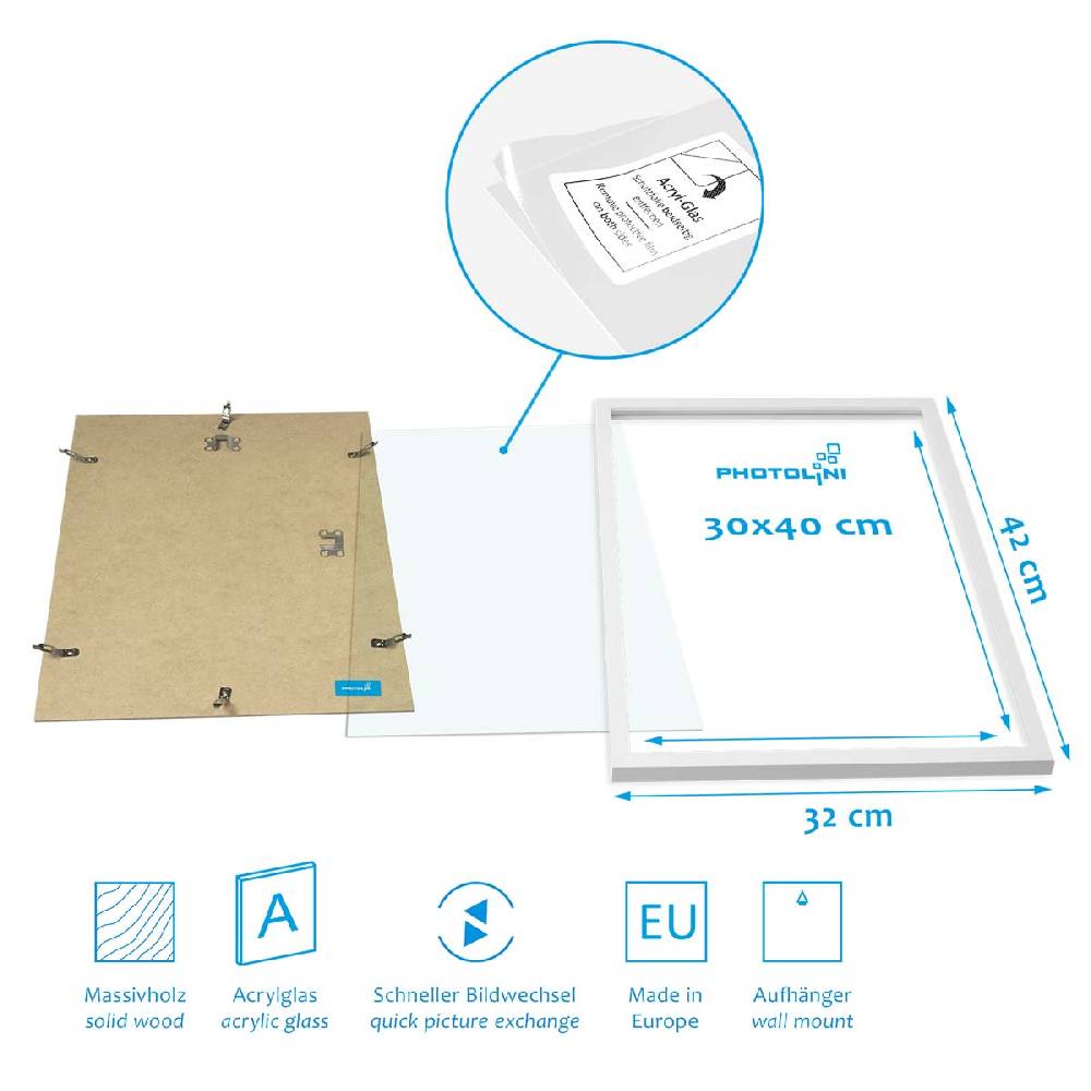 Photolini 17er Bilderrahmen-Set Weiß Massivholz Schmal 10x15 bis 30x40 cm mit Acrylglasscheibe Wochenangebot