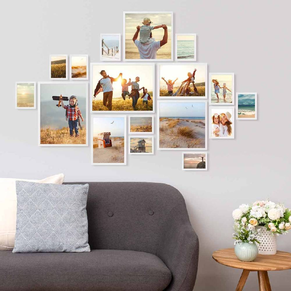 Photolini 17er Bilderrahmen-Set Weiß Massivholz Schmal 10x15 bis 30x40 cm mit Acrylglasscheibe Wochenangebot