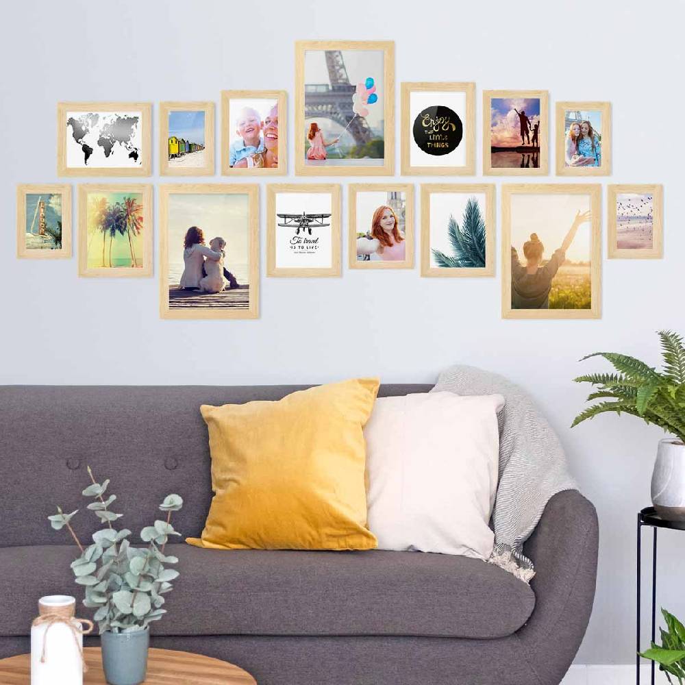 Photolini 15er Bilderrahmen-Set Natur breit modern MDF-Holz mit Acrylglas Begrenzte Freigabe