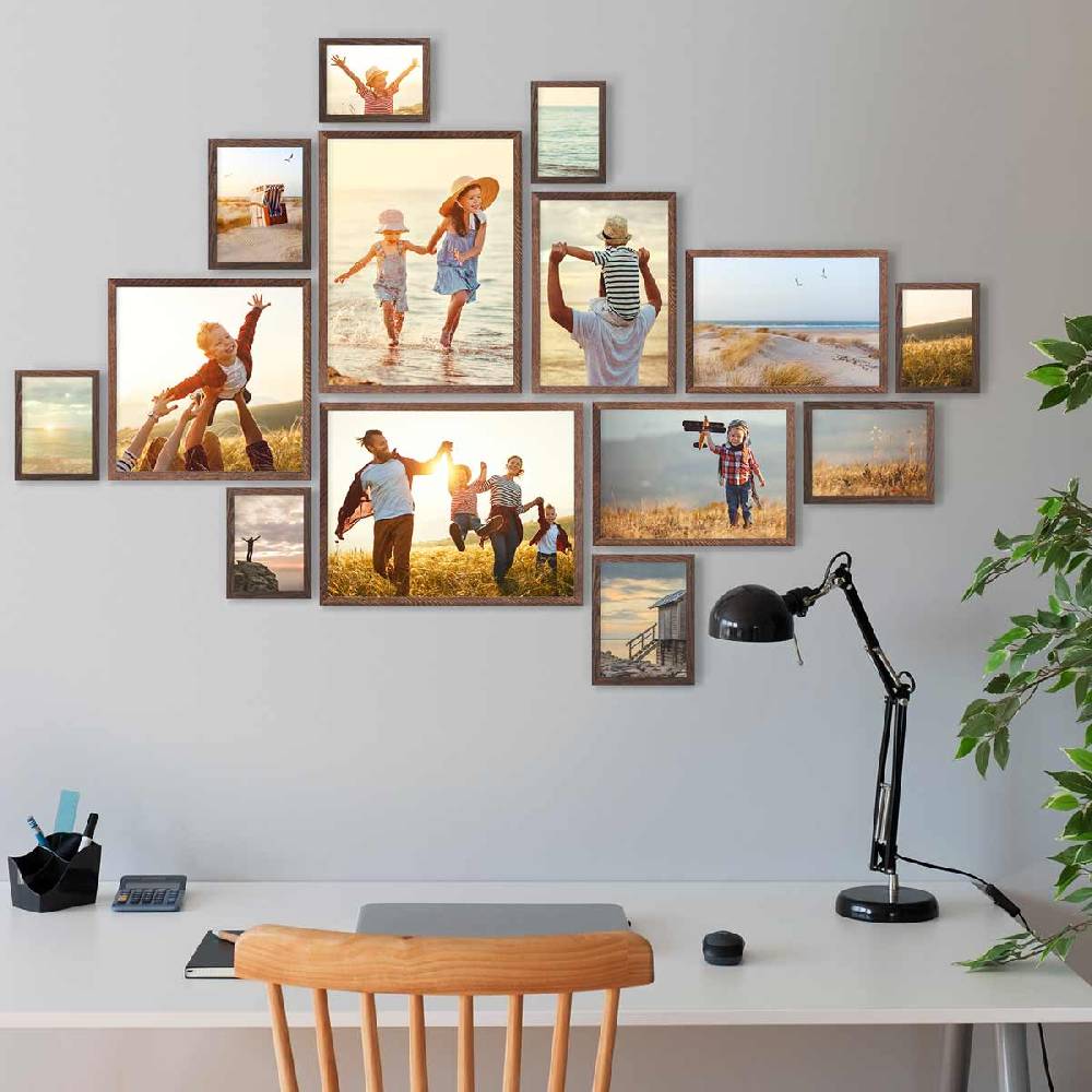 Photolini 14er Bilderrahmen-Set Eiche Dunkel Massivholz Schmal 10x15 bis 30x40 cm mit Acrylglasscheibe Letzter Tag