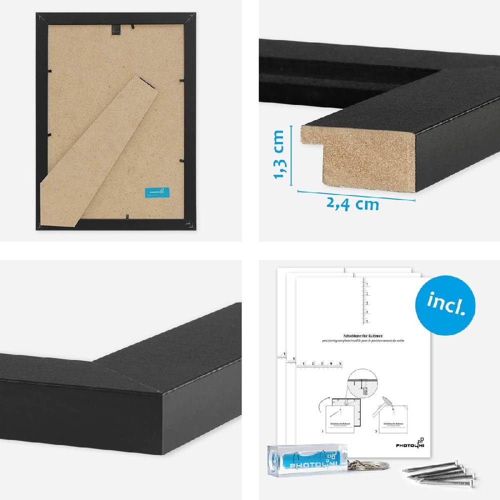 Photolini 8er Bilderrahmen-Set Schwarz breit modern MDF-Holz mit Acrylglas Zeitbegrenzte Promotion