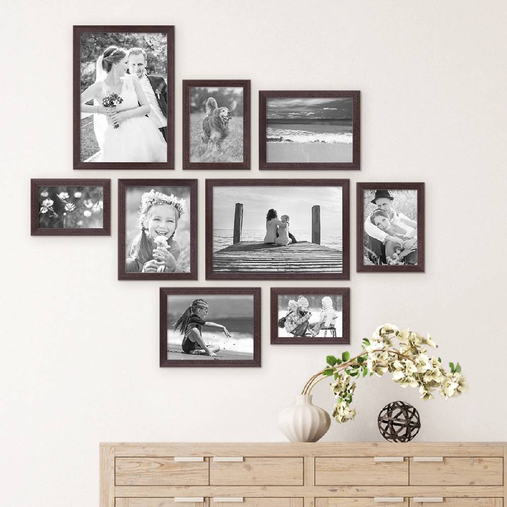 Photolini 9er Set Landhaus-Bilderrahmen Nuss Modern Massivholz-Rahmen und Zubehör Bis zu 50% Rabatt