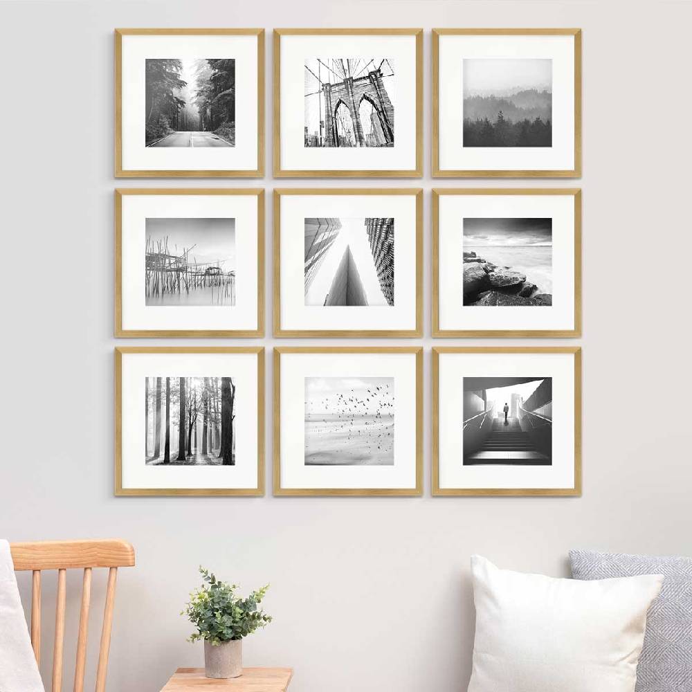 Photolini 9er Set Poster-Bilderrahmen 30x30 cm Modern Gold MDF mit Passepartout Bis zu 55% Rabatt