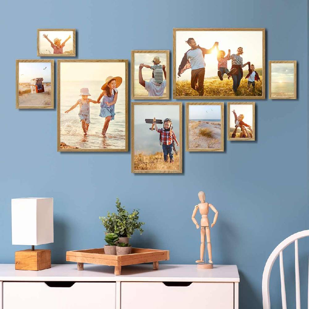 Photolini 9er Bilderrahmen-Set Eiche Massivholz Schmal 10x15 bis 30x40 cm mit Acrylglasscheibe Discount Store für neue Produkte