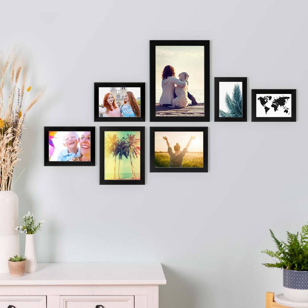 Photolini 7er Bilderrahmen-Set Schwarz breit modern MDF-Holz mit Acrylglas Riesige Rabatte