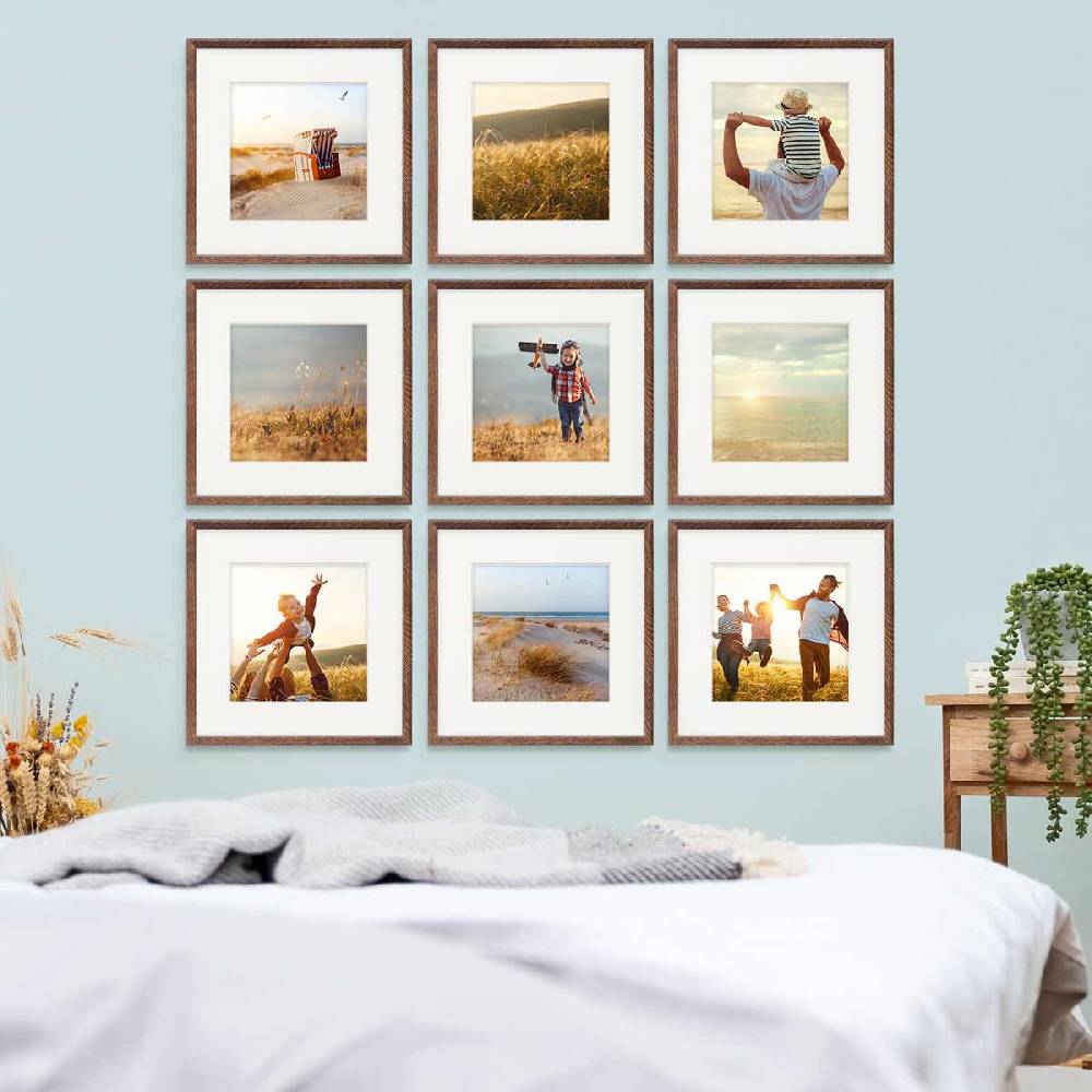 Photolini 9er Bilderrahmen-Set Eiche Dunkel 30x30 cm mit Passepartout Massivholz mit Acrylglasscheibe Clearance-Verkauf