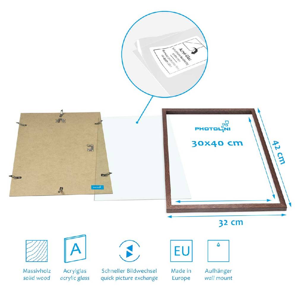Photolini 9er Bilderrahmen-Set Eiche Dunkel Massivholz Schmal 10x15 bis 30x40 cm mit Acrylglasscheibe Kostenloser Versand international