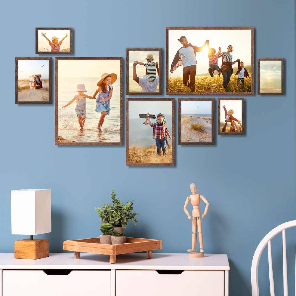 Photolini 9er Bilderrahmen-Set Eiche Dunkel Massivholz Schmal 10x15 bis 30x40 cm mit Acrylglasscheibe Kostenloser Versand international