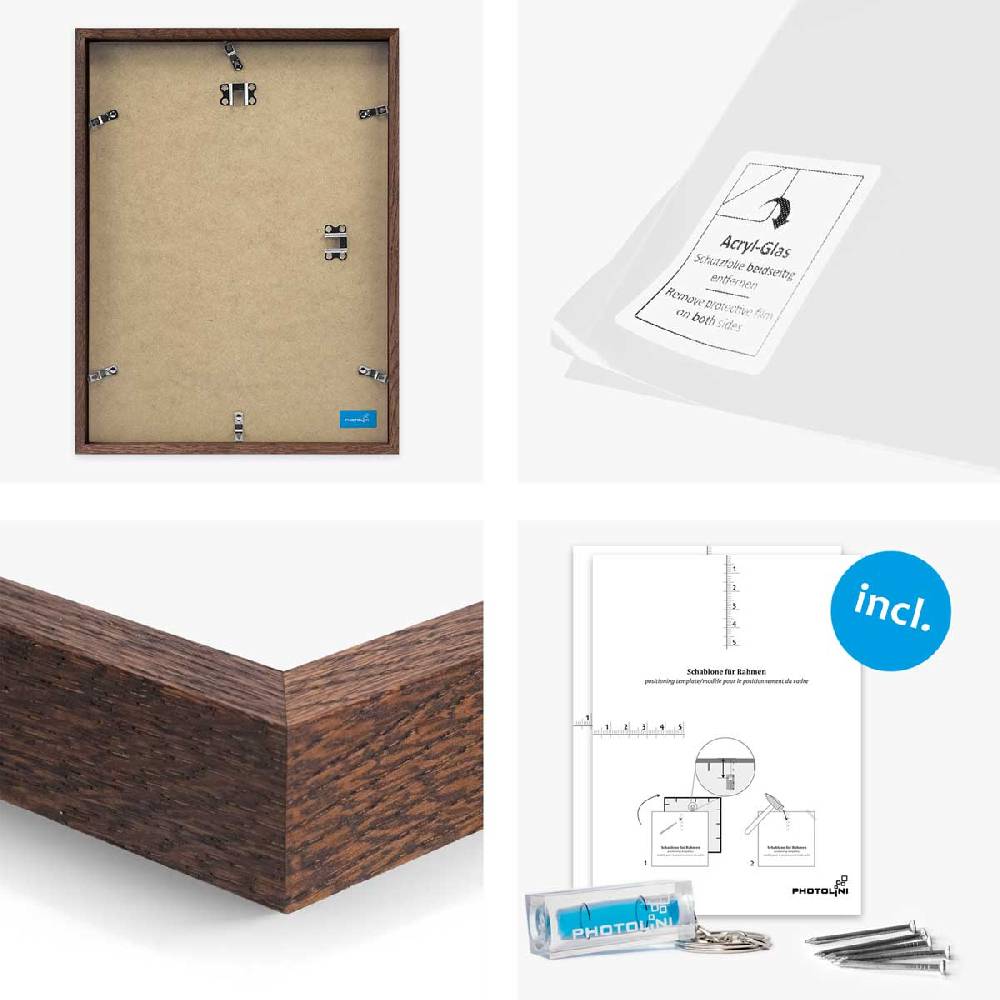 Photolini 9er Bilderrahmen-Set Eiche Dunkel Massivholz Schmal 10x15 bis 30x40 cm mit Acrylglasscheibe Kostenloser Versand international