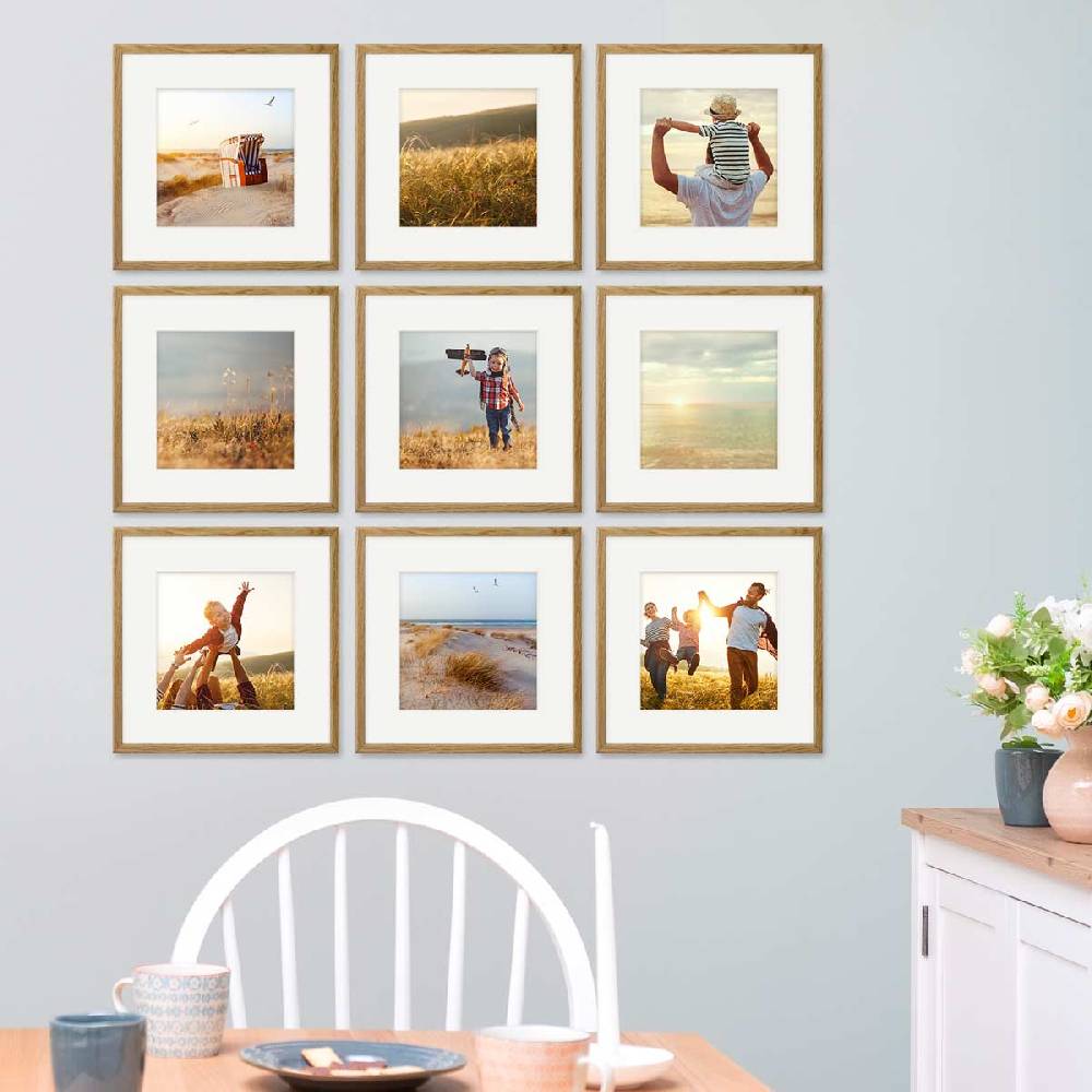 Photolini 9er Bilderrahmen-Set Eiche 30x30 cm mit Passepartout Massivholz mit Acrylglasscheibe Black Friday Preise