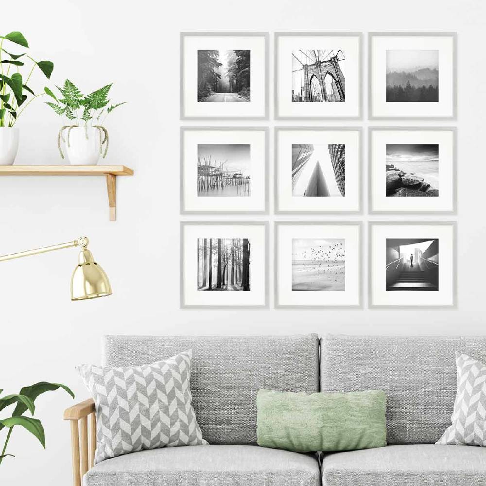 Photolini 9er Set Poster-Bilderrahmen 30x30 cm Modern Silber MDF mit Passepartout Rabatte dieses Monats