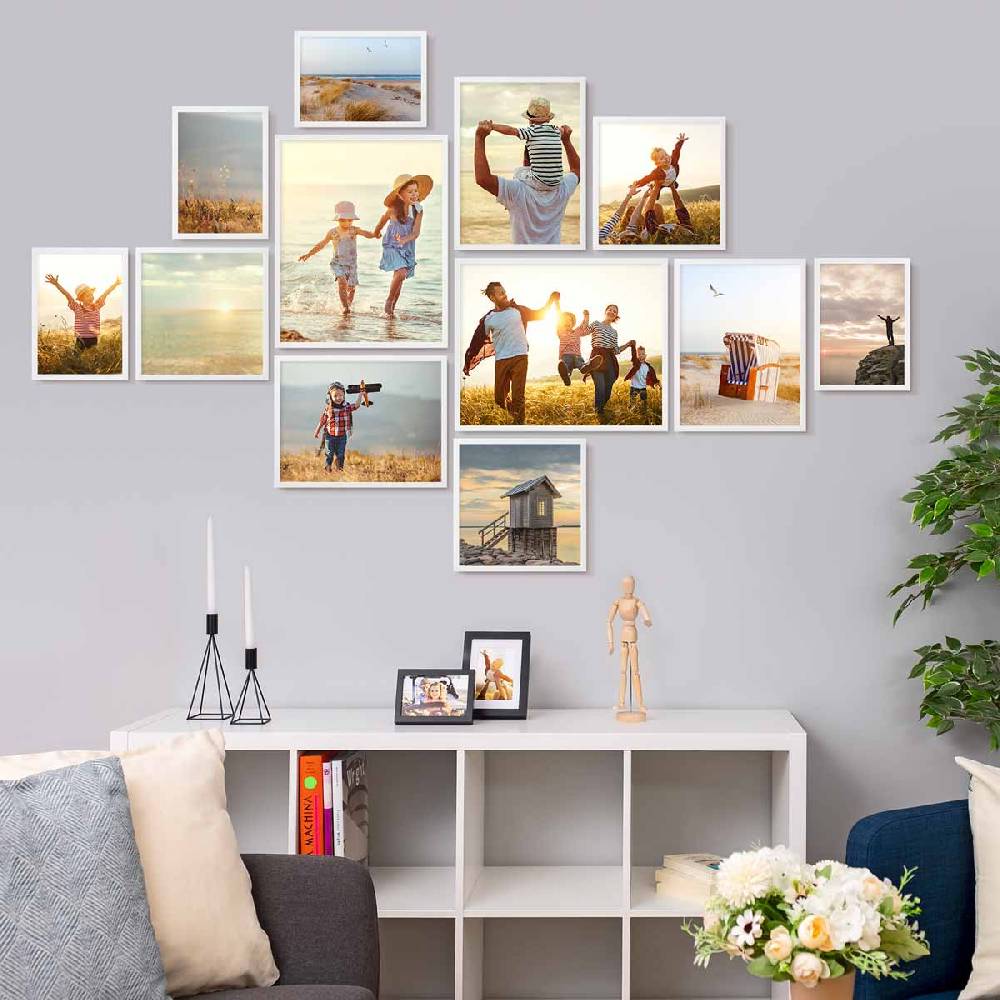 Photolini 12er Bilderrahmen-Set Weiß Massivholz Schmal 21x30 bis 40x50 cm mit Acrylglasscheibe Auslauf