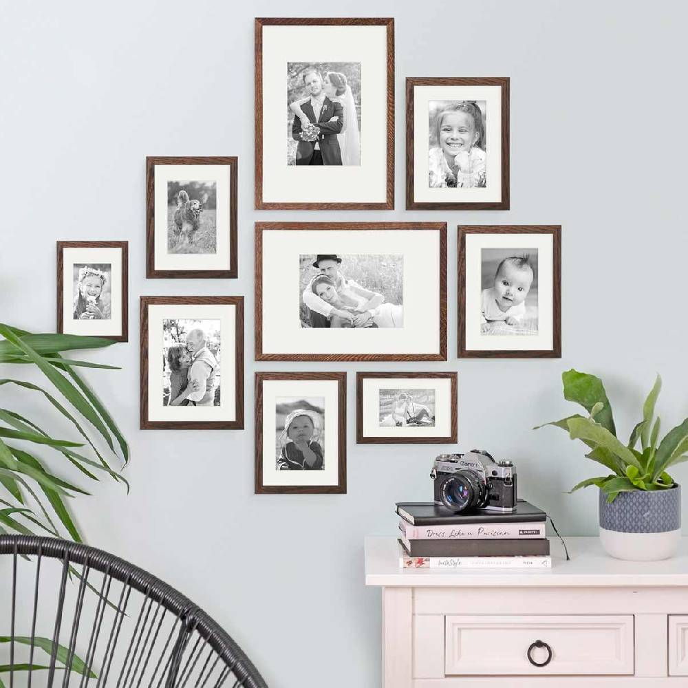 Photolini 9er Set Bilderrahmen Holz, Eiche Dunkel mit Passepartout Verkauf