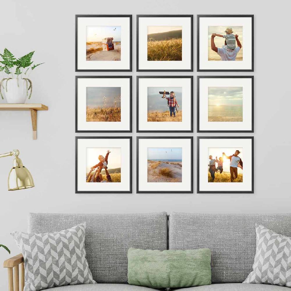 Photolini 9er Bilderrahmen-Set Schwarz 30x30 cm mit Passepartout Massivholz mit Acrylglasscheibe Angebote
