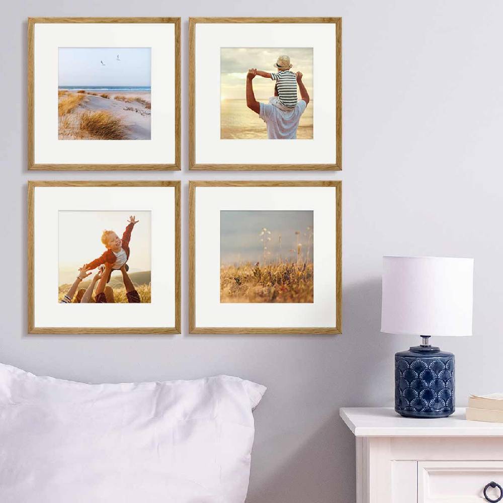 Photolini 4er Bilderrahmen-Set Eiche 30x30 cm mit Passepartout Massivholz mit Acrylglasscheibe Schlussverkauf