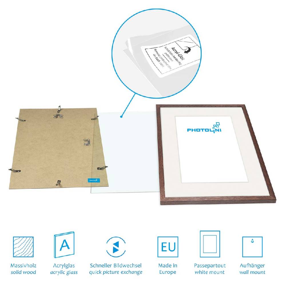 Photolini 6er Set Bilderrahmen Holz, Eiche Dunkel 15x20, 30x40 und 40x50 cm mit Passepartout Fabrikverkauf
