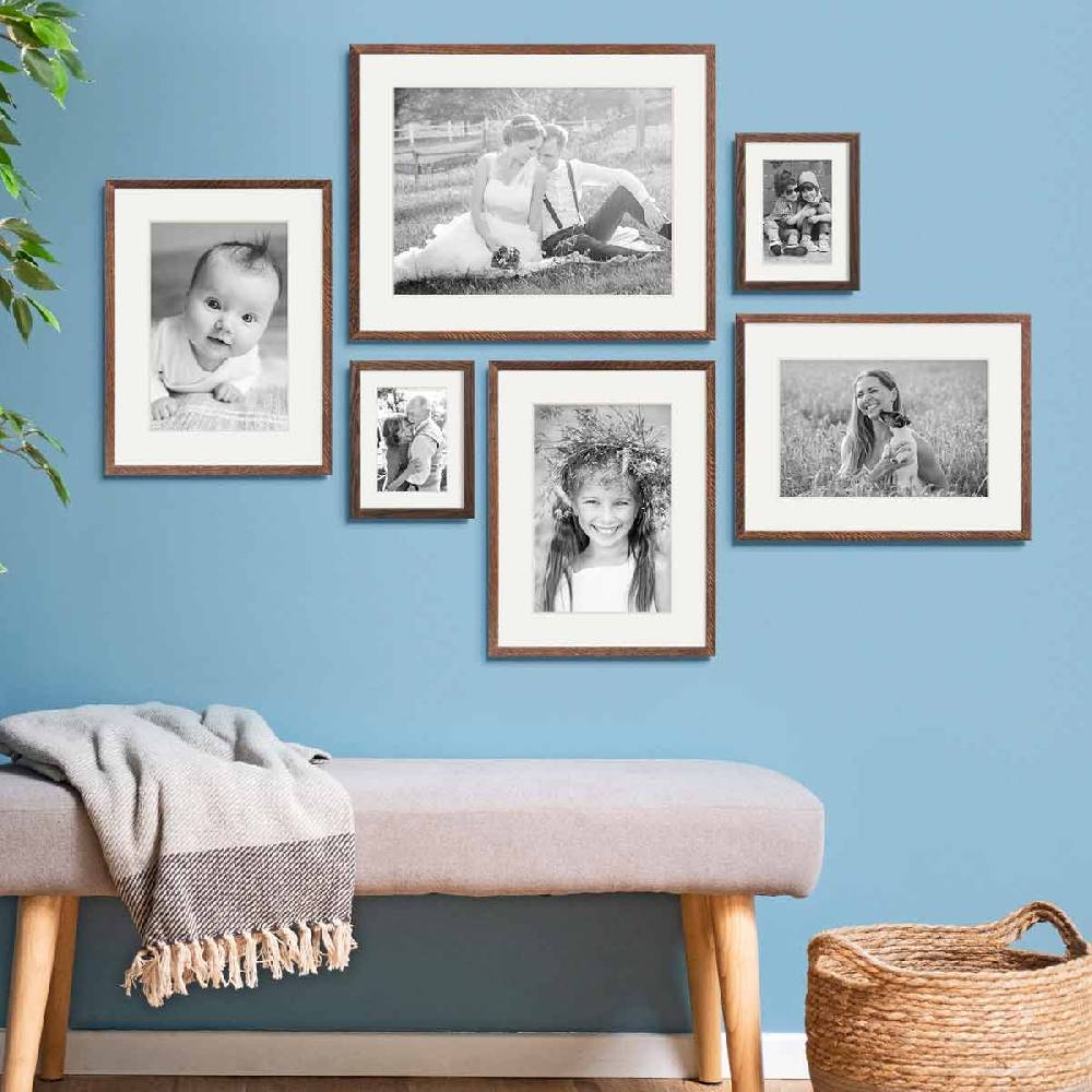 Photolini 6er Set Bilderrahmen Holz, Eiche Dunkel 15x20, 30x40 und 40x50 cm mit Passepartout Fabrikverkauf