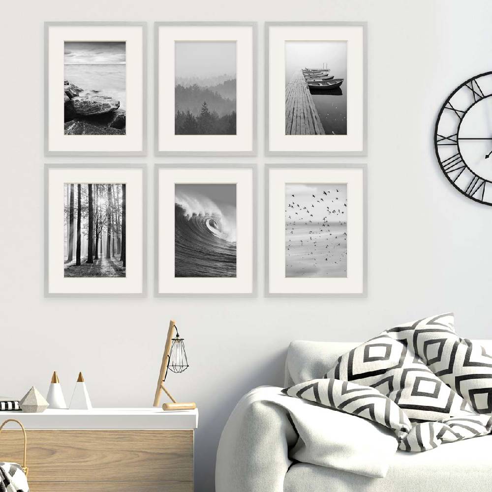 Photolini 6er Set Poster-Bilderrahmen 30x40 cm Modern Silber MDF mit Passepartout Blitzverkäufe