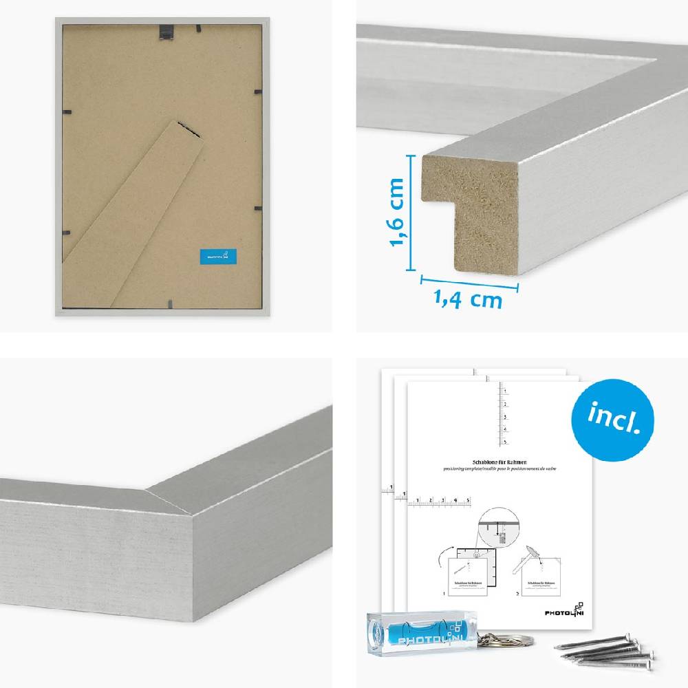 Photolini 6er Set Poster-Bilderrahmen 21x30 cm / DIN A4 Modern Silber MDF mit Passepartout Fabrik Onlineshop