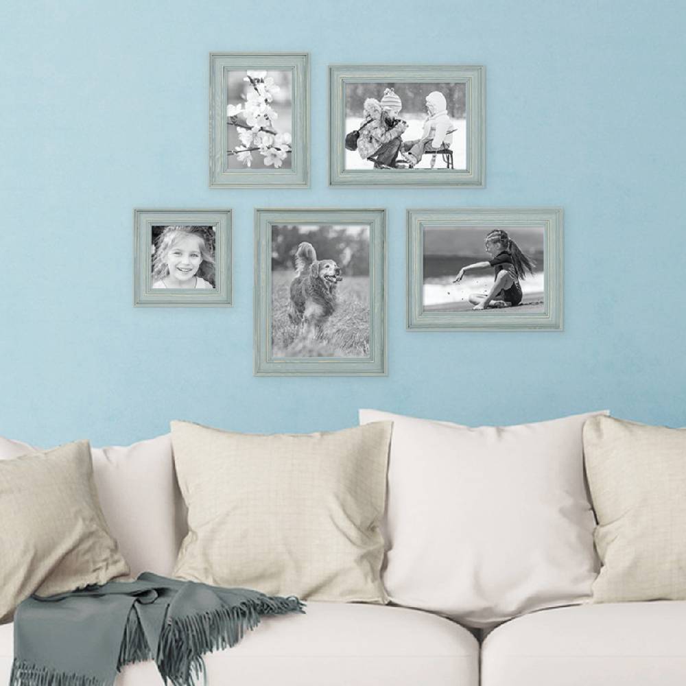 Photolini 5er Bilderrahmen-Set Skandinavisch Landhaus-Stil Taubenblau / Petrol Fabrikpreis