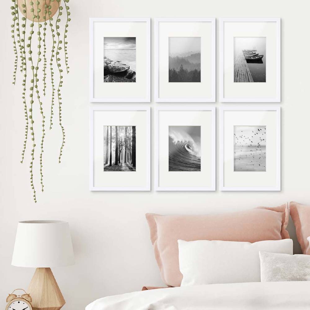 Photolini 6er Set Poster-Bilderrahmen 21x30 cm / DIN A4 Modern Weiß MDF mit Passepartout (13x18) Sonderangebot